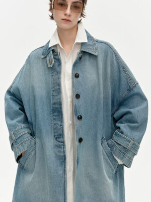 Vintage Fade Oversized Mid‑Long Denim Coat