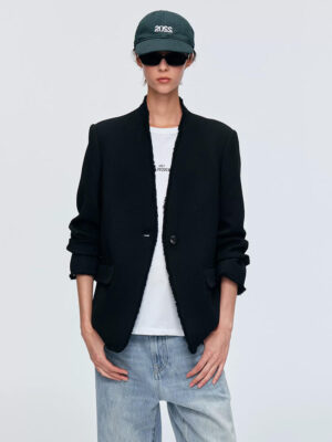 100% Wool Hand‑Finished Raw Edge Padded Shoulder Blazer