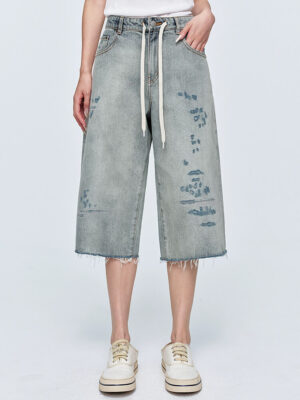 Loose Wide Leg Cropped Denim Capri Pants